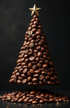 creative Christmas tree made of coffee beans with golden star on top, dark textured background. coffee shop holiday promotion, gourmet coffee brands marketing, coffee advertisements, header concept.