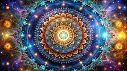 Fototapeta premium Panoramic View of Galactic Ornamentation Featuring Celestial Mandala Motifs in a Cosmic Landscape with Vibrant Colors and Intricate Patterns for a Mystical Experience