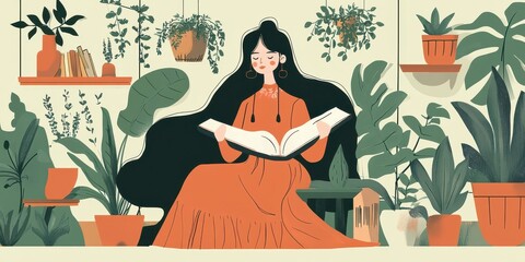 Woman Reading in a Greenhouse.