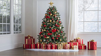 Decorated Christmas Tree with Gifts and White Fur Rug