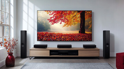 Modern Living Room Interior with Large Screen TV  Audio System  and Autumn Landscape
