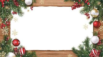 Christmas Ornament Frame with Pine Branches and Wood Background