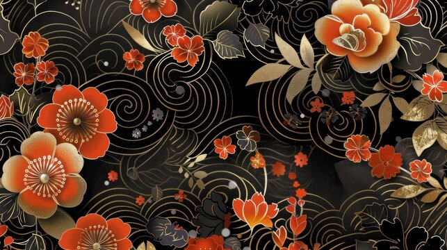 Volumetric Japanese pattern background with gold and floral elements.