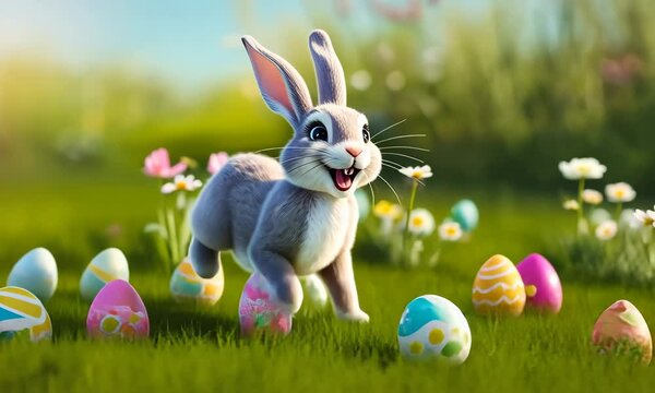 Cartoon Easter bunny leaping through grassy field with colorful Easter eggs. Carefree jumping rabbit. Green grass with colored eggs. Happy easter. Awesome religious postcard