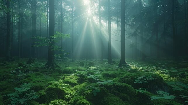 Sun shines through light spruce forest, soil overgrown with moss and fern, mountain range Deister