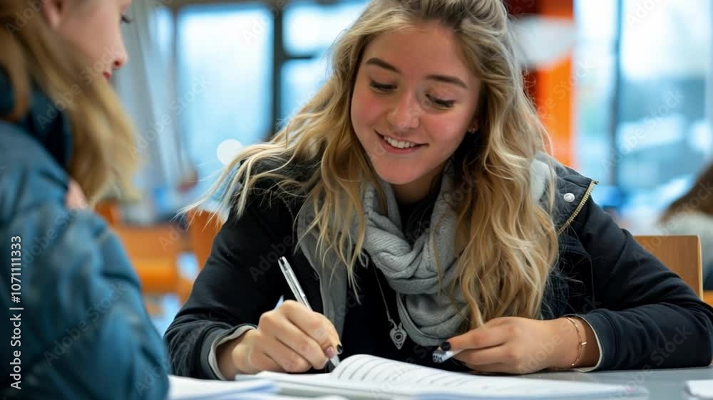 Poster this student enjoys studying with a friend, writing notes at a cafe table, surrounded by natural lig