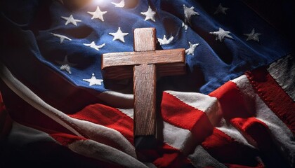 American Flag with Wooden Cross Symbolizing Faith