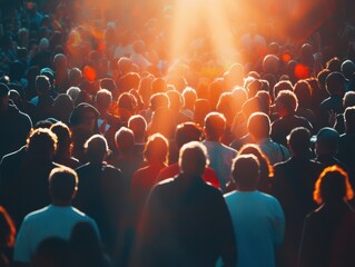 Obraz premium Crowds gather in the usa under a warm glow of sunset for a shared experience