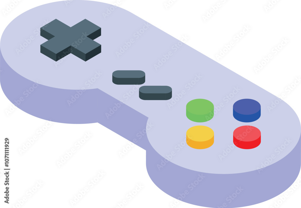 Poster isometric retro game controller with colorful buttons and directional pad