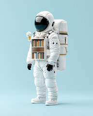Naklejka premium An innovative safety suit designed for global warming, featuring built in bookshelf and an ice cream cone. This unique concept blends functionality with creativity, showcasing futuristic approach to e