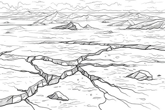 Coloring book illustration of a crack in the ice cover Snow covered ice and cracked ice floes in a wintry landscape Expansive background for creative design