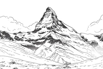 Coloring book illustration of a snowy mountain peak in a winter landscape Foggy dark sky above Scenic mountain view perfect for winter activities and adventures