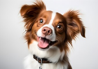  A happy dog with large ears and expressive eyes looks directly at the camera, radiating friendliness. Its fluffy fur and bright smile make the portrait especially appealing.

