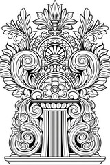 Coloring book illustration of a decorative design featuring symbolic elements