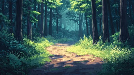 Obraz premium A sunlit path leads through a dense, green forest.