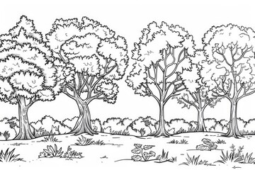 Coloring book illustration of trees in a park setting