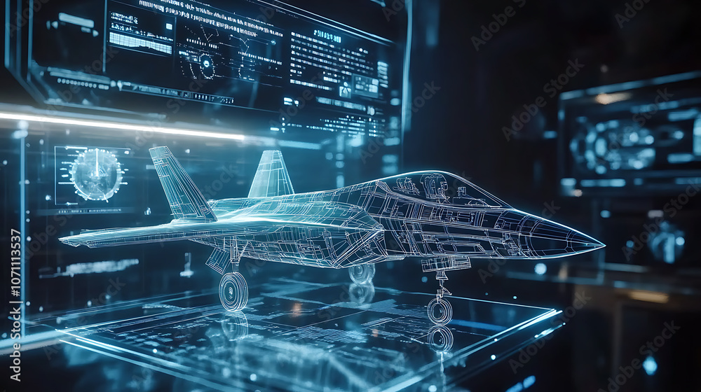 Aufkleber 3d holographic display of futuristic military aircraft in a digital lab