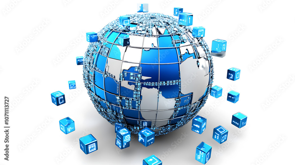 Aufkleber a blue and silver digital globe on a white background, surrounded by many small cube icons represent