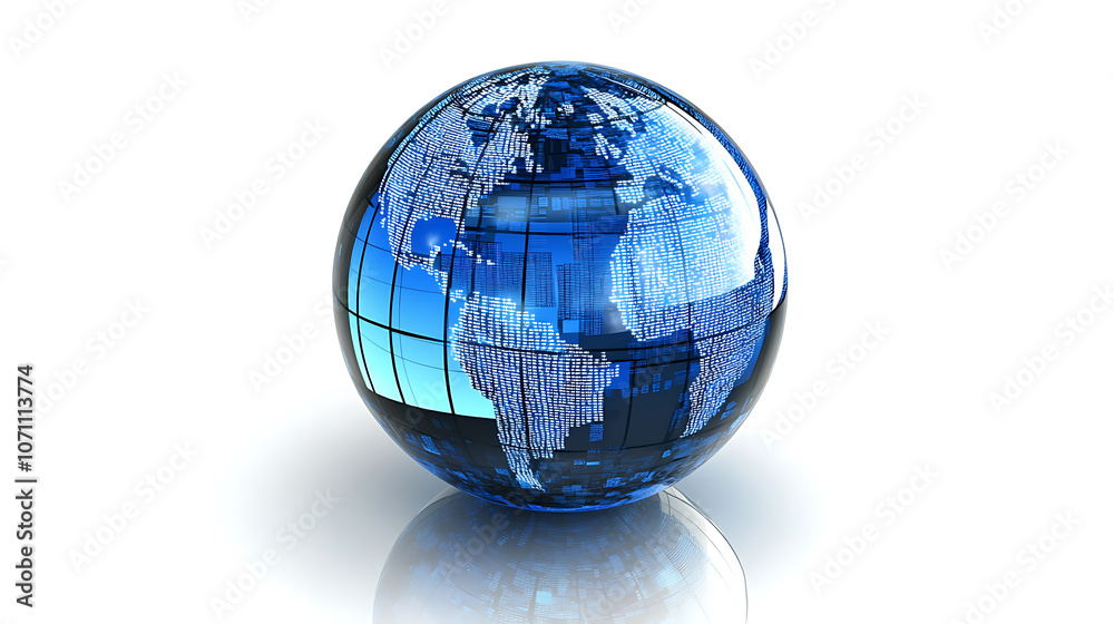 Aufkleber a blue glass globe on a white background, surrounded by small data blocks and lines of information t