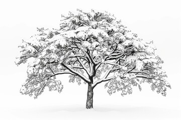 Coloring book illustration of a snow covered winter tree on a white background