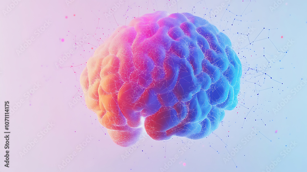 Poster A colorful illustration of an abstract brain with neural connections, set against a white background with geometric hexagons and dots