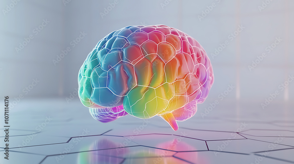 Poster A colorful illustration of an abstract brain with neural connections, set against a white background with geometric hexagons and dots