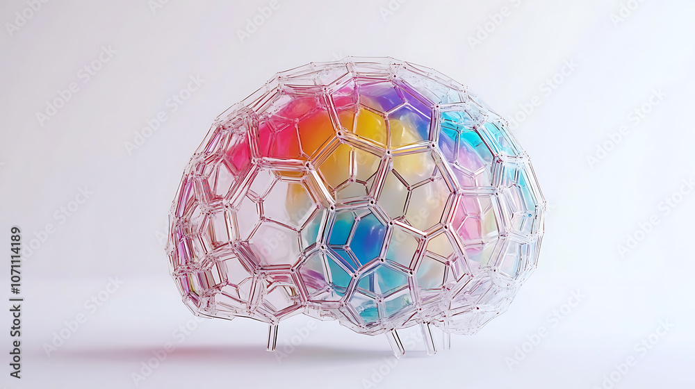 Aufkleber A colorful illustration of an abstract brain with neural connections, set against a white background with geometric hexagons and dots