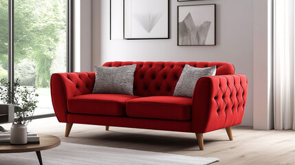 Red Velvet Chesterfield Sofa in Modern Living Room Interior Design