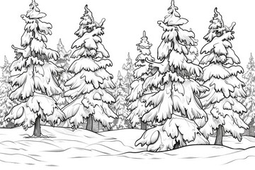 Obraz premium Coloring book illustration of a winter forest scene featuring snow laden pine trees