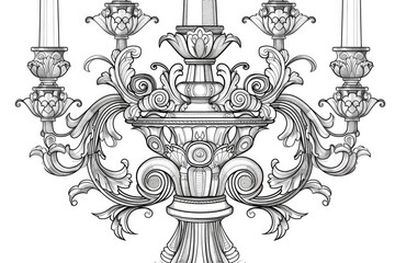Coloring book illustration of a decorative 7 arm candlestick designed for creative expression