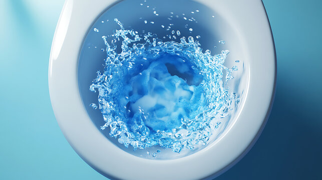 3D illustration of a toilet bowl with blue detergent being flushed in it from above
