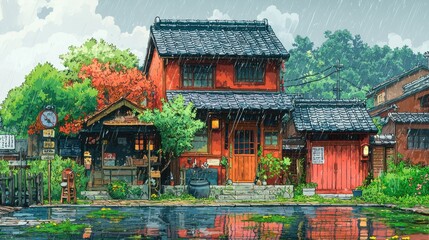 Fototapeta premium A traditional Japanese house with a red roof and a wooden front door, surrounded by lush greenery, a wooden fence, and a pond in the foreground. Rain falls from the sky.