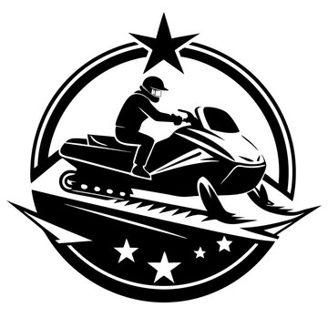 recommend clip art: Snowmobile Rider Emblem: A black and white illustration of a snowmobile rider in motion, framed by a circular emblem with stars, representing the thrill and freedom of winter sports. 