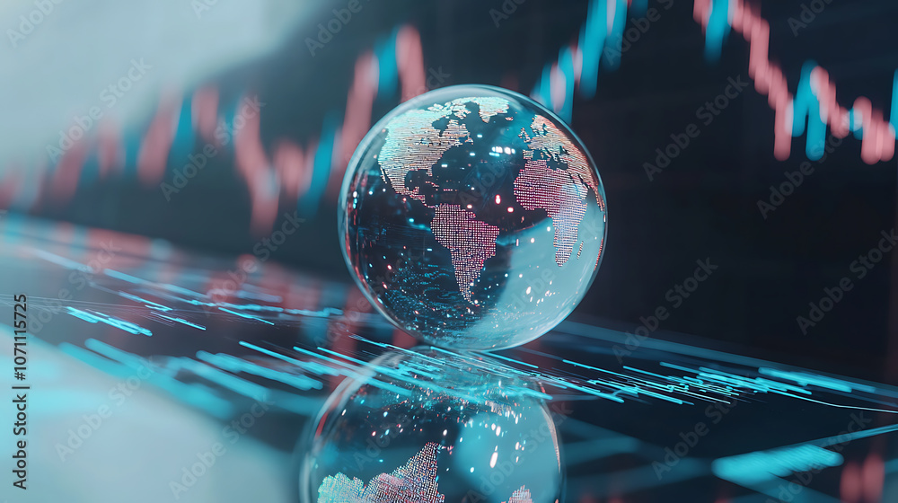 Aufkleber a glass globe with the world inside, placed on top of an abstract stock market graph in blue tones t