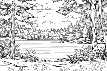 Coloring book illustration of a tranquil forest scene in autumn with a serene lake and clear blue sky