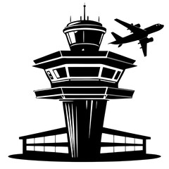 Airport Tower and Airplane: A stark black and white illustration depicting an airport control tower with a plane soaring overhead, symbolizing air travel, navigation.