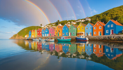 Serene Fishing Village by the Sea with Rainbow Reflection and Calm Waters After Rain