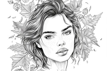 Fototapeta premium Coloring book illustration of a monochrome autumn portrait of a captivating woman