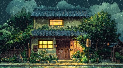 Fototapeta premium A traditional Japanese house with a wooden door and windows, surrounded by greenery, illuminated by warm light during a rainy evening.