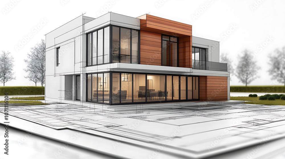 Poster 3d rendering of modern house architectural plan detailed cad model for real estate design project di