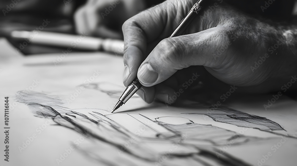 Poster a hand holding an ink pen, writing on paper the drawing is in black and white with clear lines and d