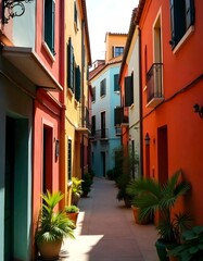 Obraz premium A narrow alleyway separating colorful buildings and palm trees in the foreground creates a vibrant and lively Mediterranean-style scene