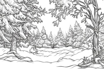 Obraz premium Coloring book illustration of tree twigs adorned with hoarfrost and snow in a winter forest scene