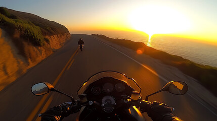 A motorcycle speeds on a road at sunset, motorcyclist's point of view