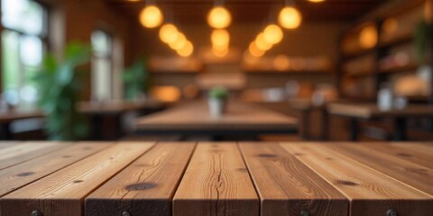 empty wooden table with cafe blurred background