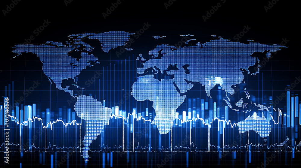 Poster a digital background featuring stock market charts and graphs, with the world map in blue hues the f
