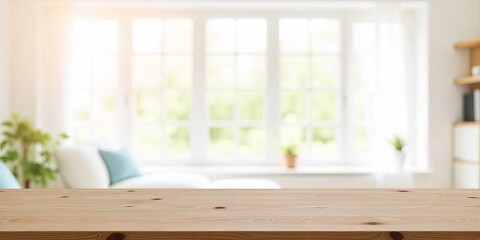 empty wooden table with living room blurred background