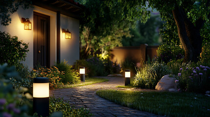 Obraz premium A landscape lit with low-motion lights around the house and the pathway leading to the front door, showcasing the importance of outdoor lighting for home security in a dimly-lit night setting Generati