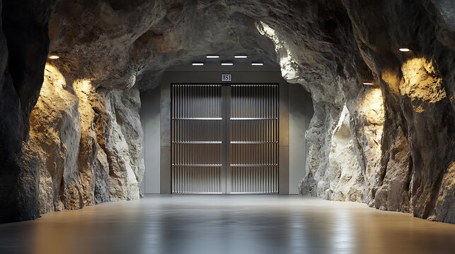 A 3D rendering of an underground shelter gate in a nuclear bunker or hangar, featuring metal panels, rough mountain rock walls, and a dark tunnel corridor