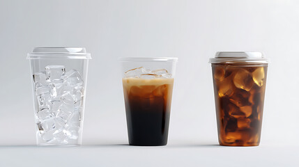 A realistic looking disposable transparent ice cup, a transparent plastic cup mockup with a lid, and an iced Americano